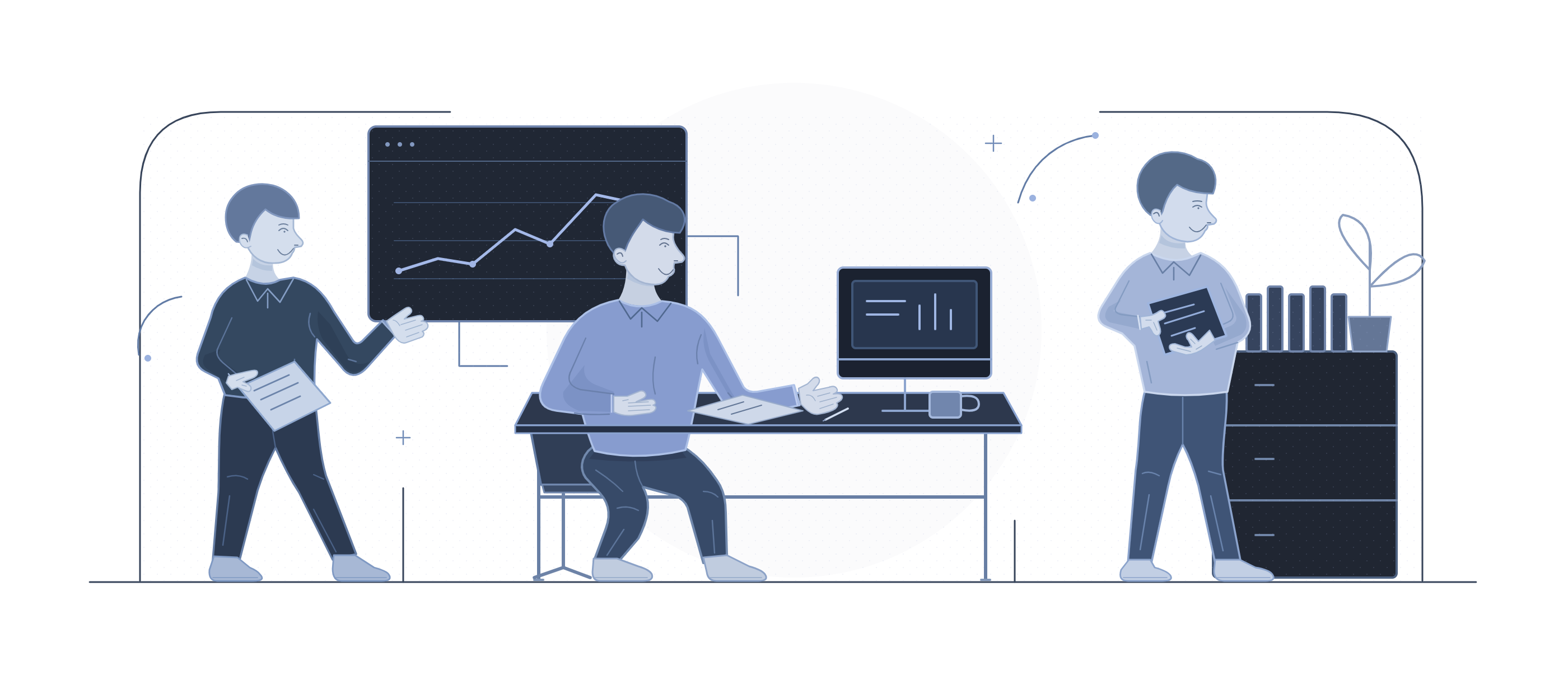 Ilustración editorial de personas utilizando documentos, una herramienta digital y un panel de seguimiento en un mismo espacio de trabajo